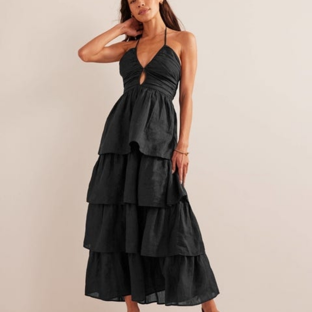 Boden Ruched Tiered Maxi Dress in Black size 6 NWT